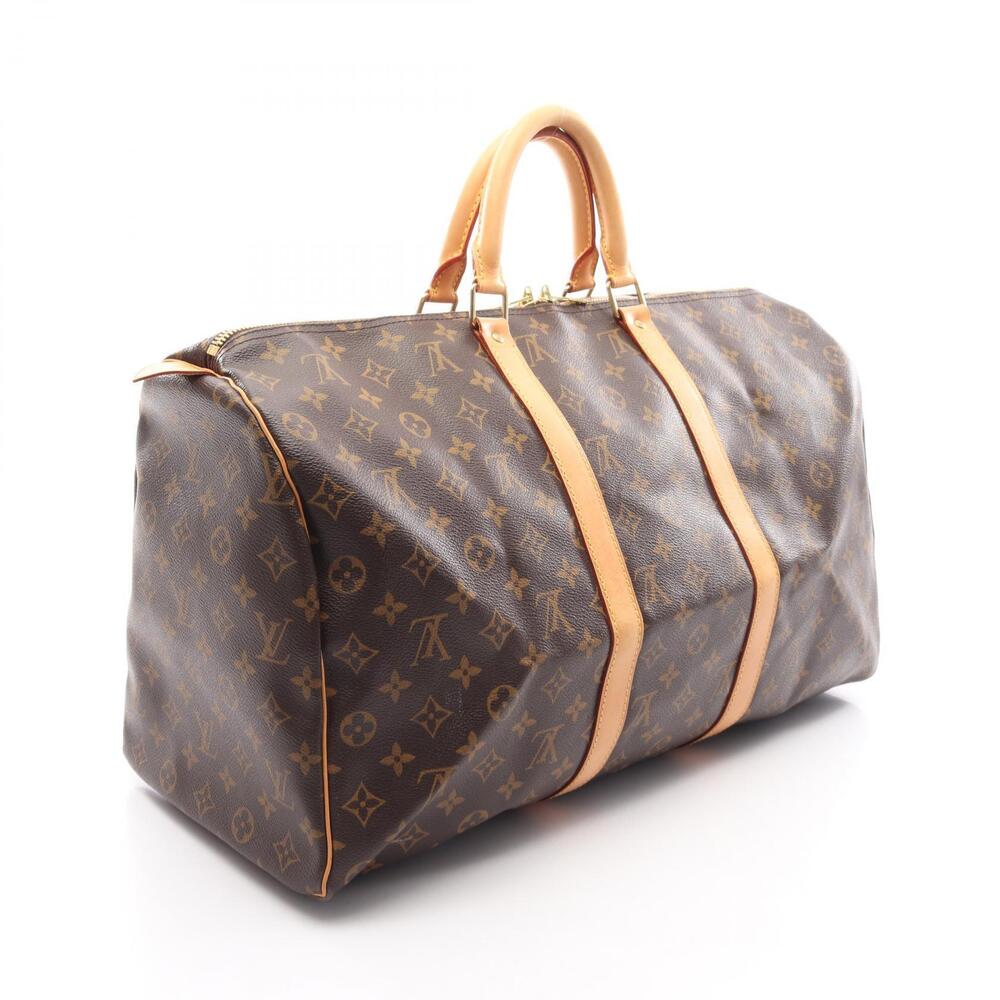 Louis Vuitton Monogram Keepall Canvas Brown Leather Boston Bag Brown